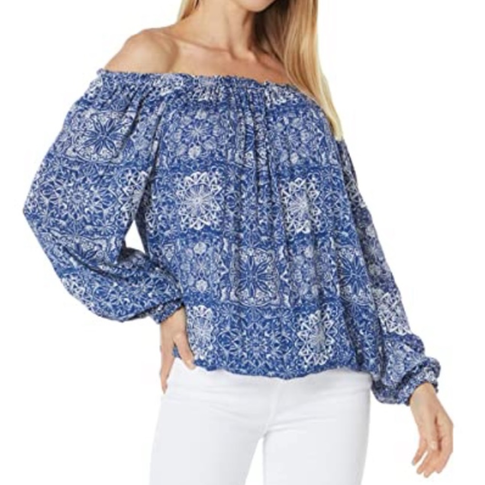 Tommy Hilfiger Indigo & White Mandala Off-Shoulder Top, Size: Medium